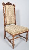 A late 19th century rosewood side chair, with scrolled cresting rail, spiral twist uprights,