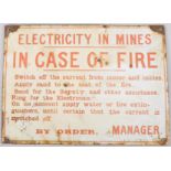 A vintage enamel Fire Safety sign for 'Electricity in Mines', rectangular,