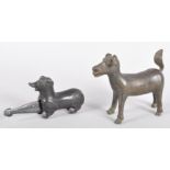 Two 19th Century Indian brass Dokrah stylized figures to include a cow and a miniature dog,