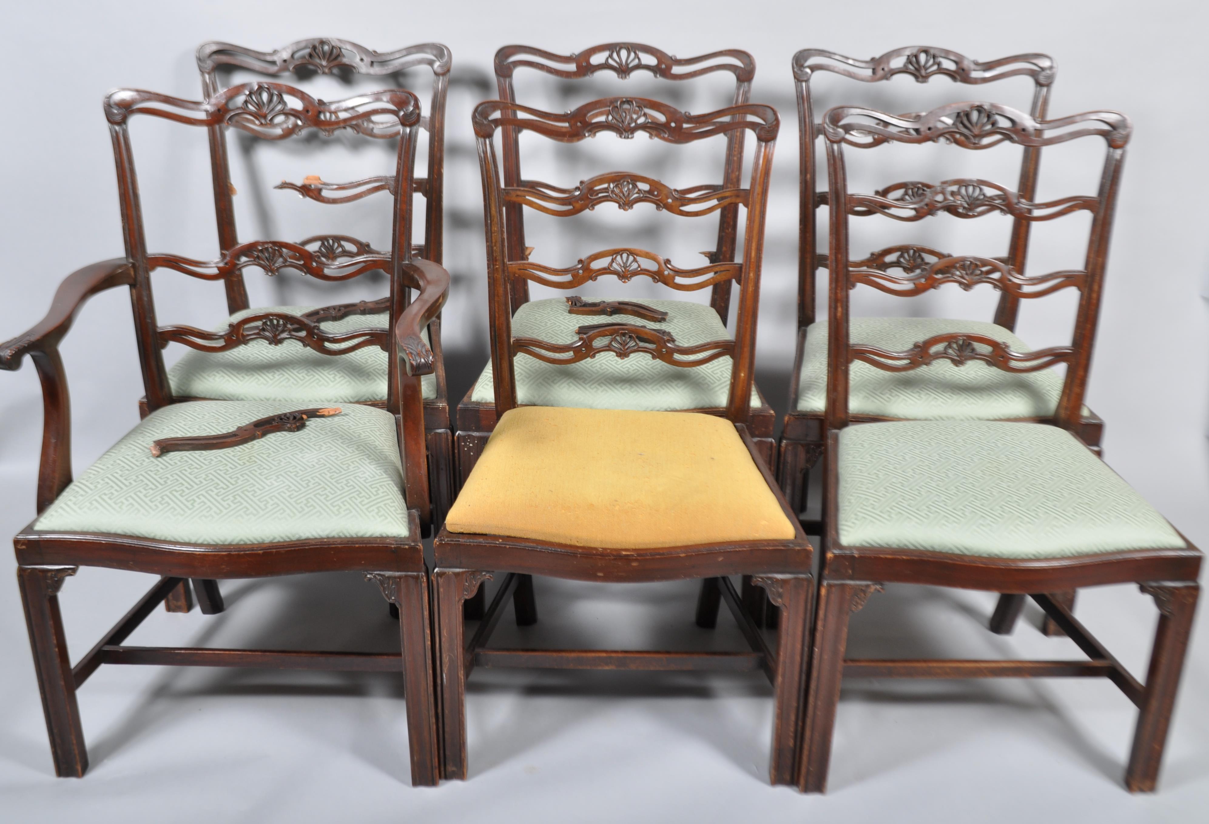 Five George III mahogany dining chairs and an armchair, with pierced scroll splats with palmettes, - Image 2 of 4