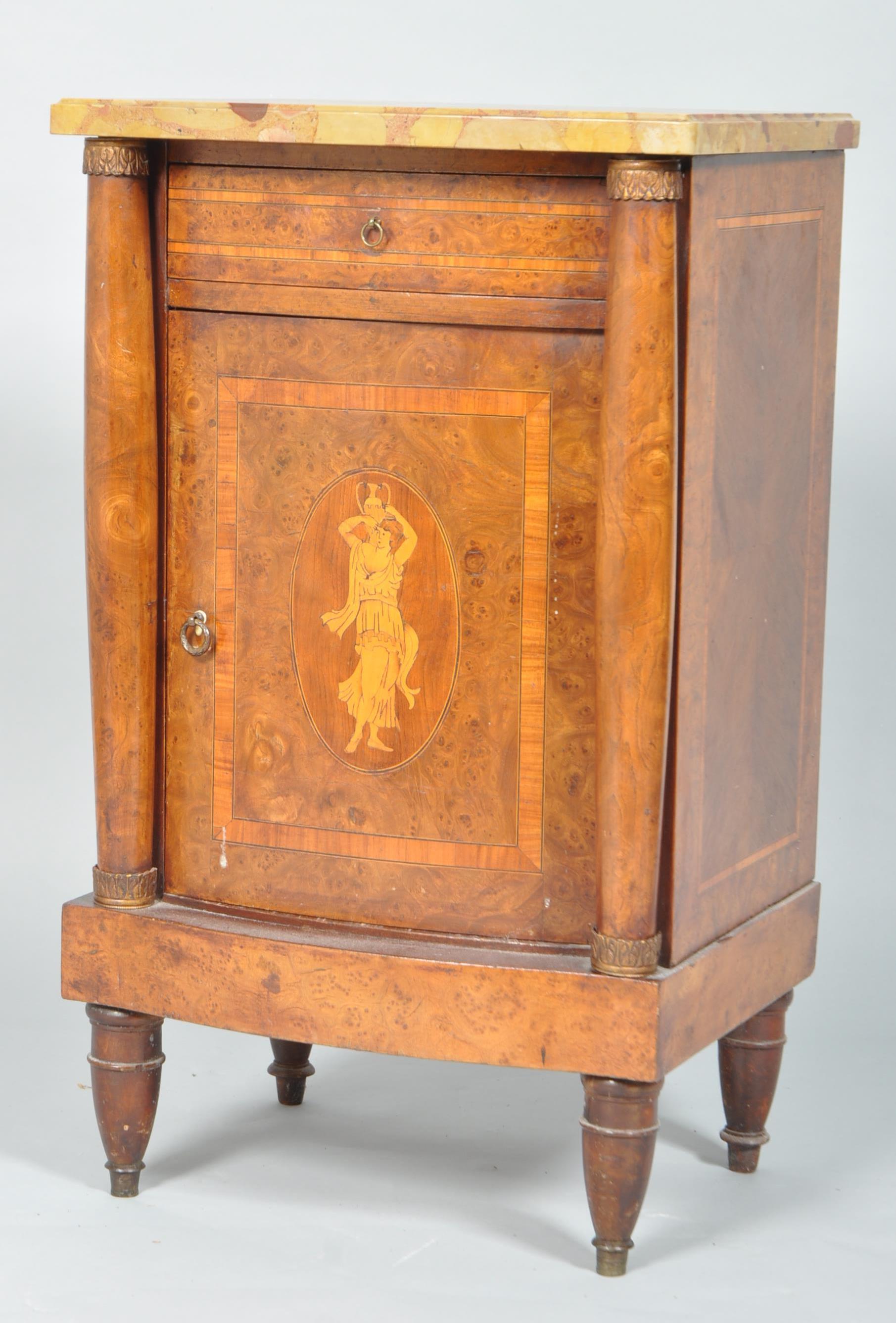 A Continental bird's eye maple marquetry marble-topped bedside cupboard,early 19th century,