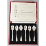 A cased set of six silver teaspoons representing the six halls of the United Kingdom 1959