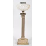 An Edwardian column lamp, with gilt metal Corinthian column base issuing cut glass shade,