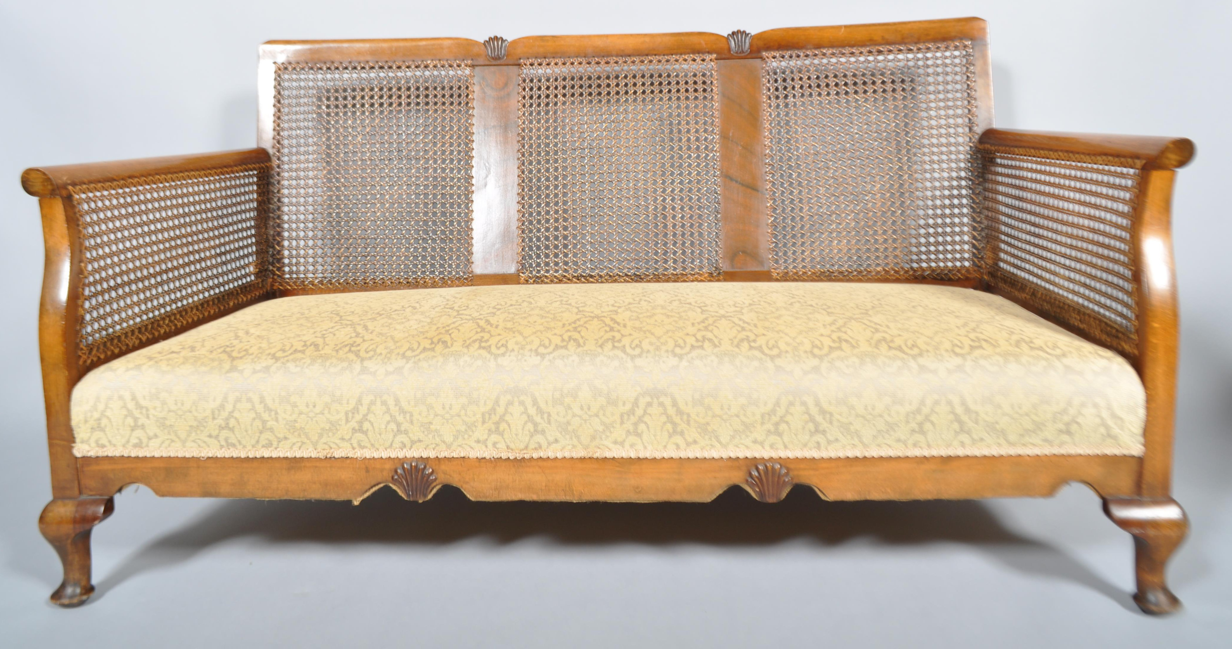 A 1930's art decor walnut and bergere cane work sofa suite - Image 3 of 5