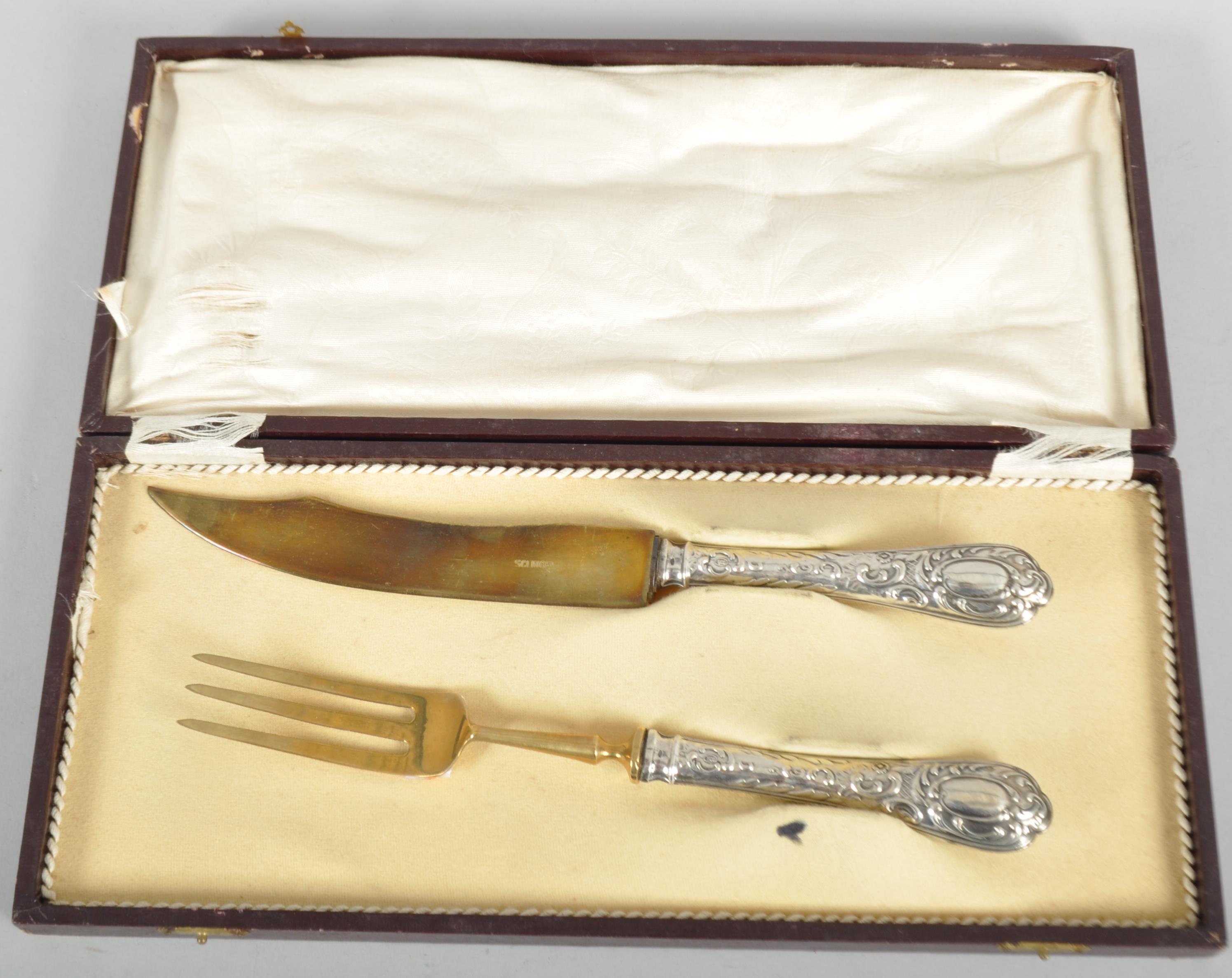 A Solingen gilded serving knife and fork, with embossed white metal handle, - Image 3 of 4
