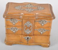 A Continental mahogany commode shaped trinket box, late 19th century,