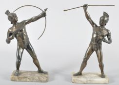 An early 20th century patinated Spelter figure of a Greek Archer, on alabaster base,