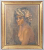 20th century school, portrait of a female nude, oil on board, indistinctly signed lower left,