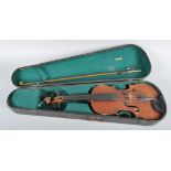 A vintage German (Dresden) violin with two piece back and mother-of-pearl inlaid bow,