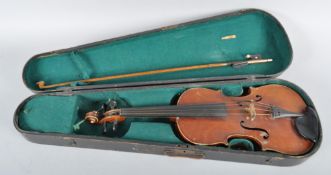 A vintage German (Dresden) violin with two piece back and mother-of-pearl inlaid bow,