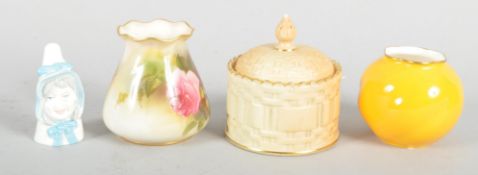 Three Royal Worcester vases and a candle snuffer, circa 1900 and later, printed puce,