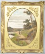 Oil on board late 19th century continental school, a woman walking in forested riverside landscape,