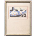 An Art Deco painting, titled 'The Seagulls, Mevagissey', body colour in blue, black & red,