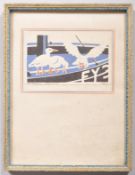 An Art Deco painting, titled 'The Seagulls, Mevagissey', body colour in blue, black & red,