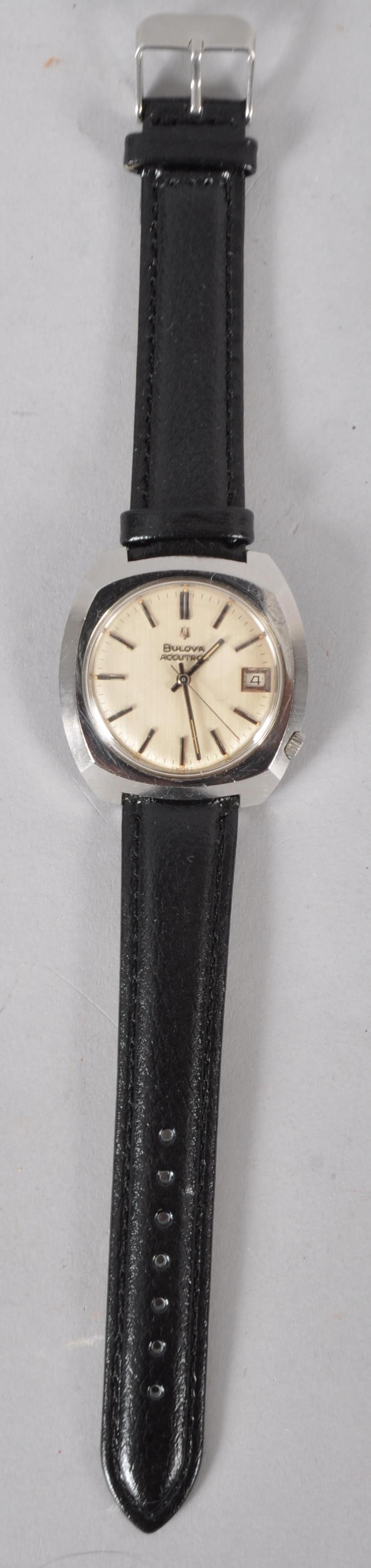 A stainless steel Bulova Accutron wristwatch.