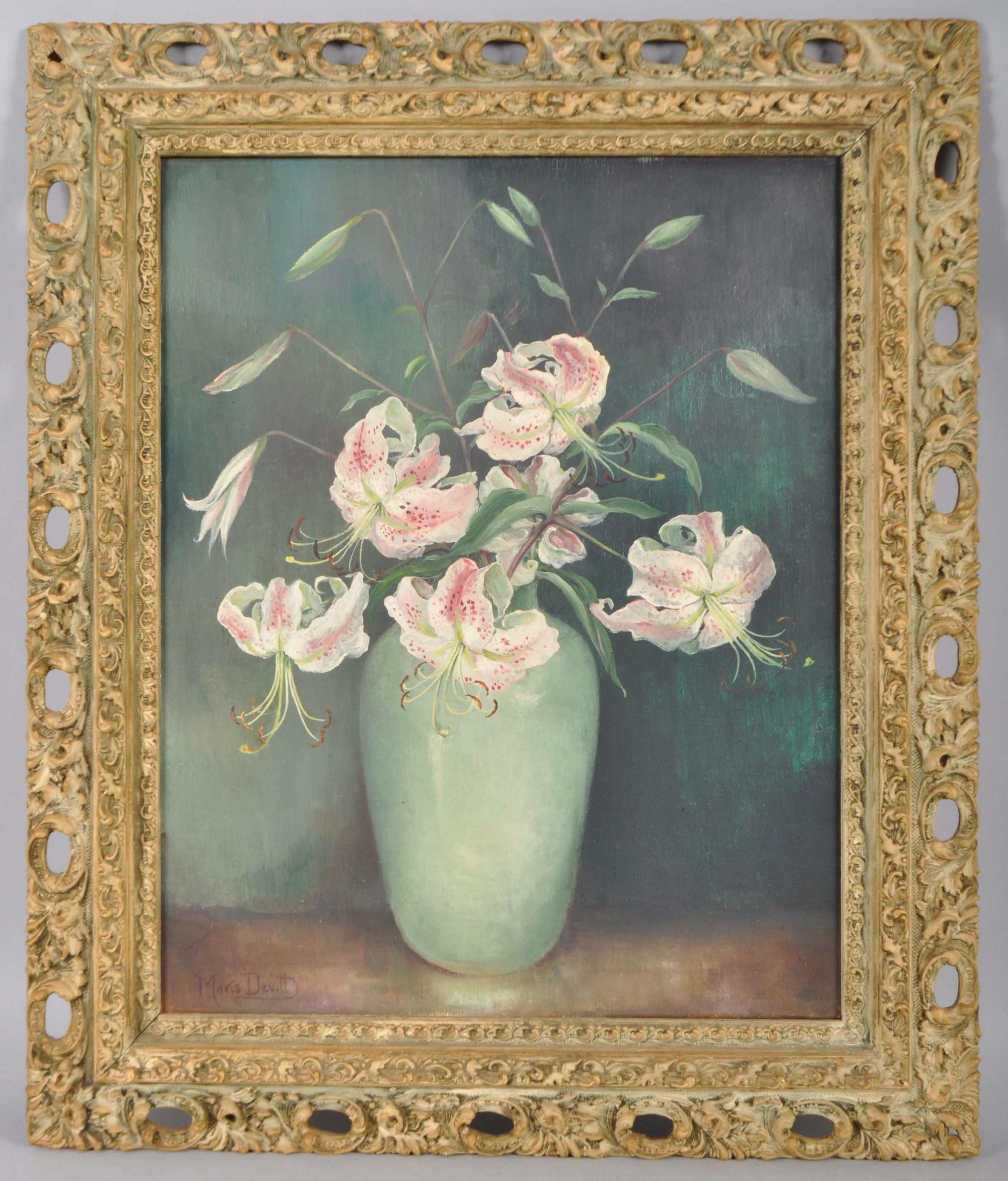 Mavis Devitt, a still life of tiger lillies in a celadon vase, oil on canvas,
