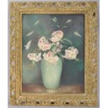 Mavis Devitt, a still life of tiger lillies in a celadon vase, oil on canvas,