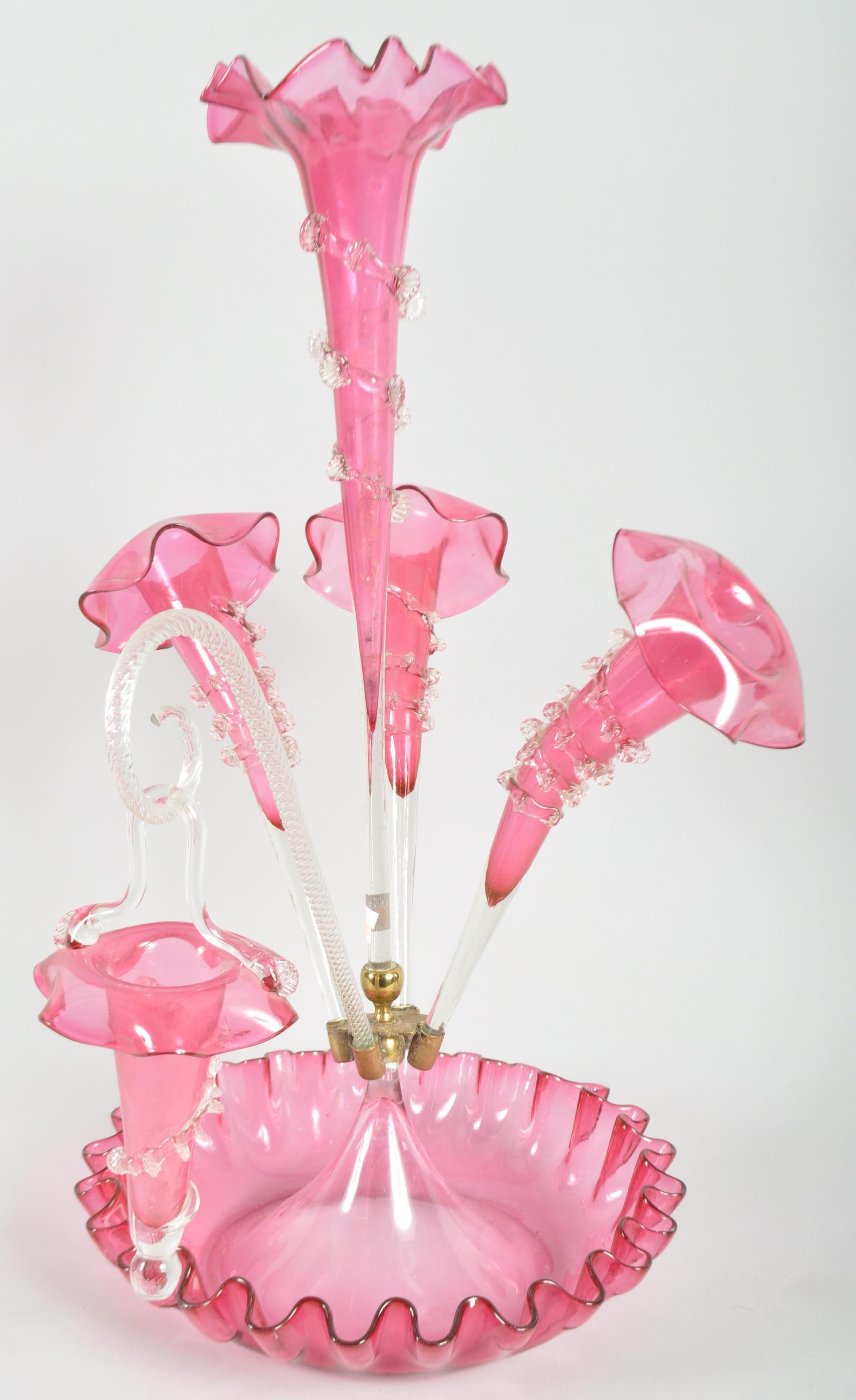 A Victorian cranberry glass epergne, late 19th century,