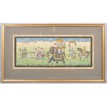 An Indian silk painting, 20th century, depicting an elephant procession with nobility,