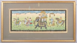An Indian silk painting, 20th century, depicting an elephant procession with nobility,