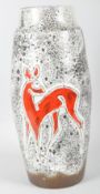 A West German pottery model 229/52 Scheurich vase with fat lava glaze and enamel deer,