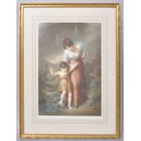 A 19th century aquatint of a mother and child beside a stream,