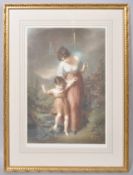 A 19th century aquatint of a mother and child beside a stream,