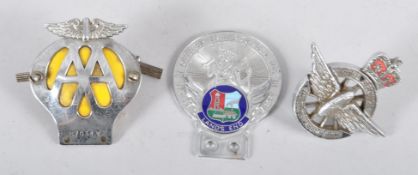 Three vintage chrome and enamel car badges, comprising: The Civil Service Motoring Association,