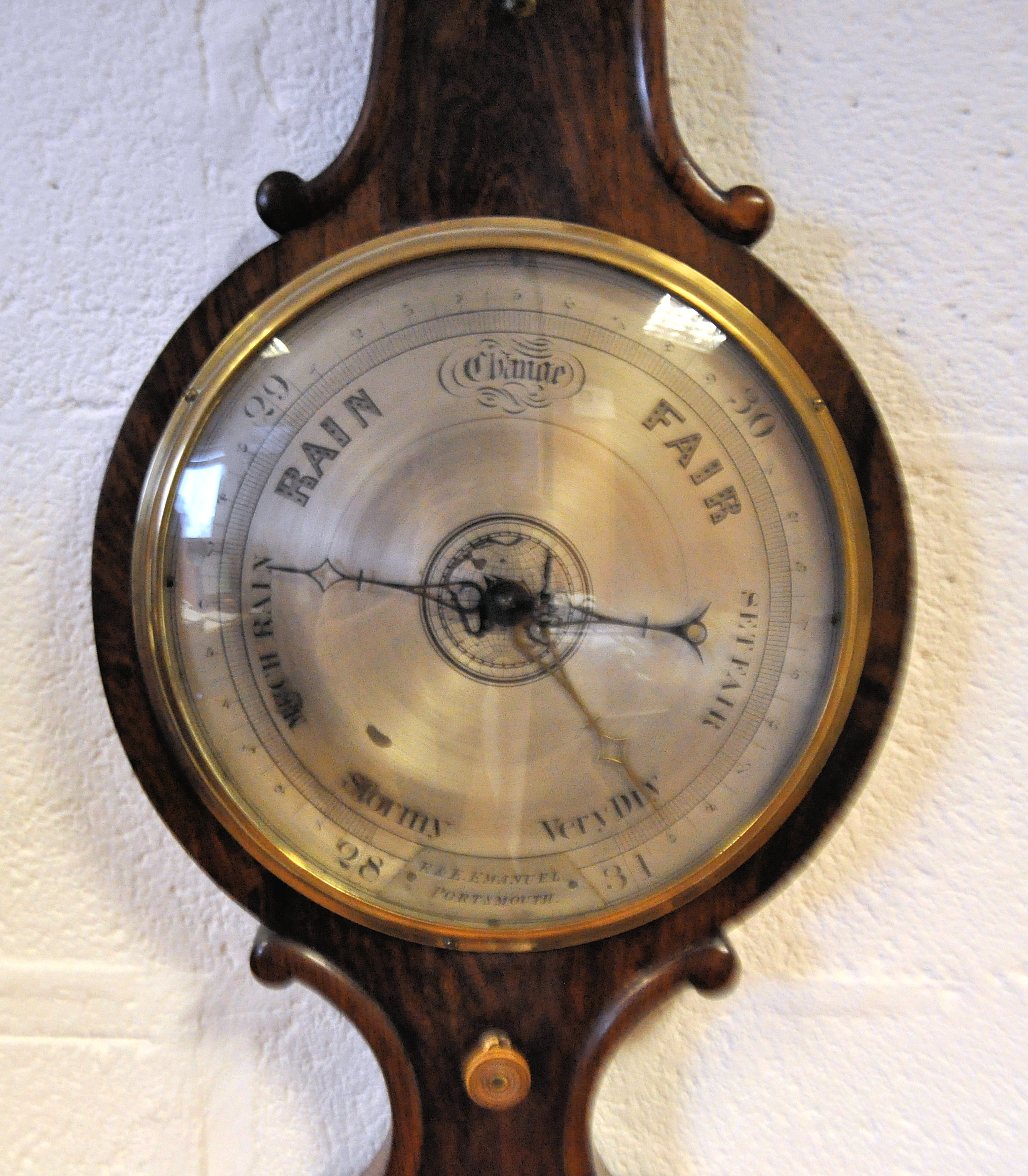 A mid 19th century rosewood Banjo barometer, the 25cm inlaid dial labelled E & E Emannuel, - Image 2 of 2