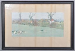 After Cecil Aldin,, The Hunt jumping a ditch, chromolithographs,