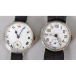 A collection of two military style white metal mechanical wristwatches.