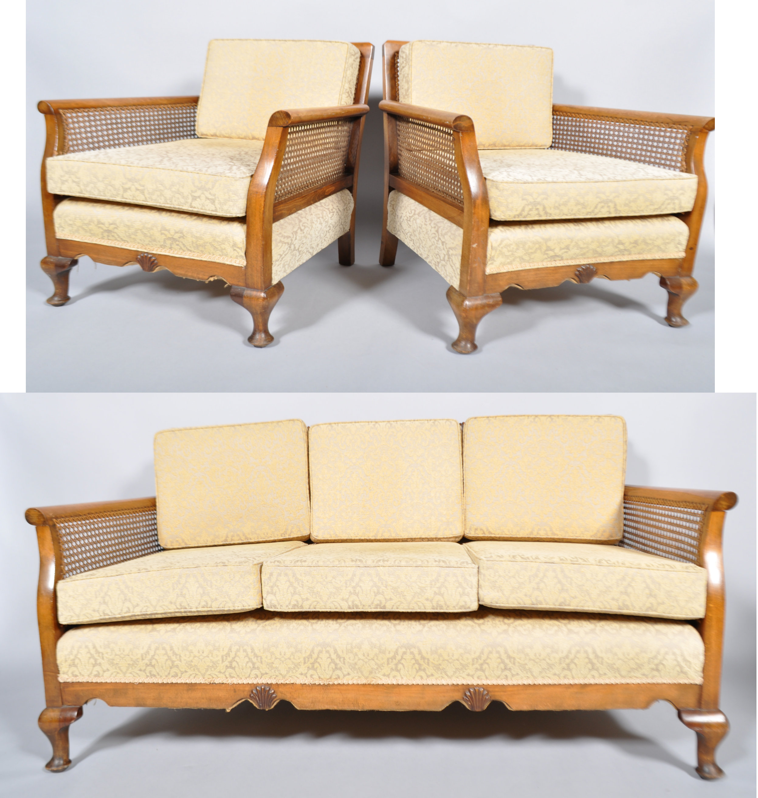 A 1930's art decor walnut and bergere cane work sofa suite - Image 2 of 5