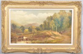 H Harris, oil on board, Cattle in a mountainous landscape, signed lower right,