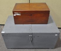 A mahogany box and a grey painted trunk