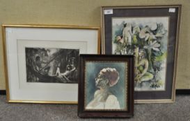 A portrait of a lady signed Rayer and dated 1909, an etching and another picture