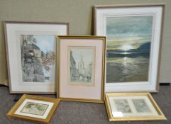 A Farm watercolour and other framed works