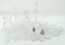 Three cut glass decanters and stoppers and other glass
