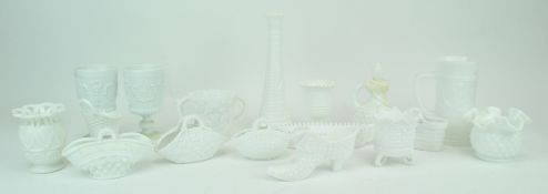 A group of white opaline glass baskets and other items