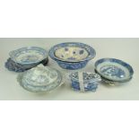 A group of antique and other blue and white china to include a flower brick