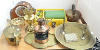 A brass oil lamp and other items