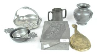 A pewter box and other items