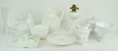 A white opaline hen shaped egg basket and other items