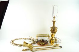 A brass lamp and other items