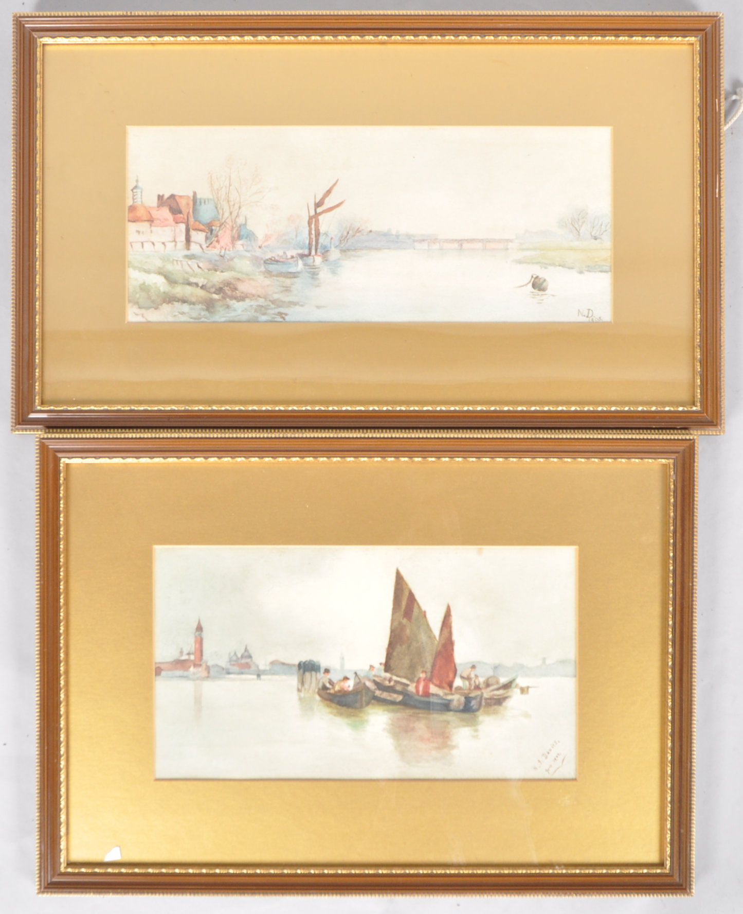Two watercolours, the first by N G Davies, June 1903, Boats and a gondola in Venice,