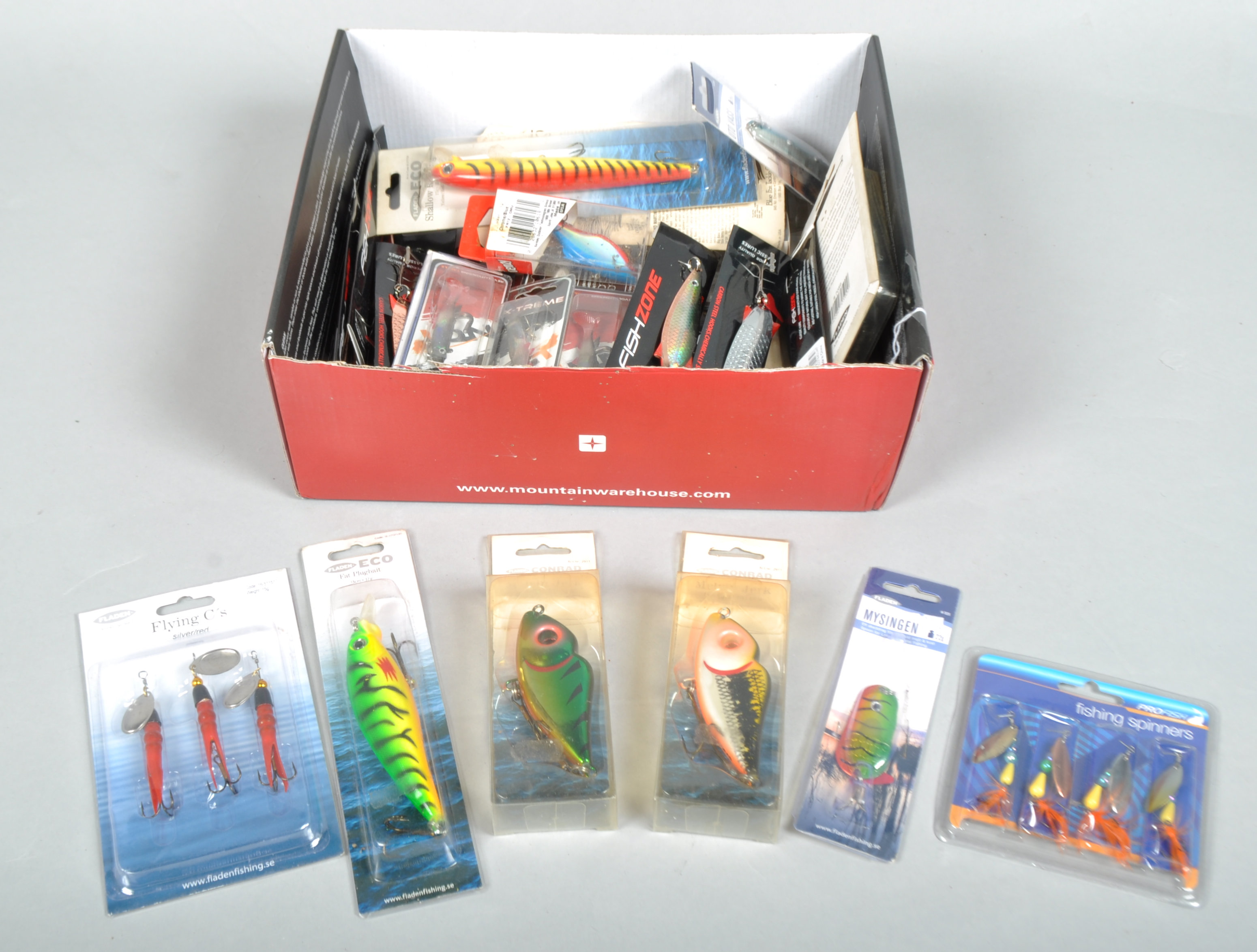 A box of approximately 30+ un-used fishing lures