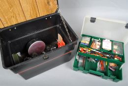 A coarse fishing tackle box and contents, Mitchell 300a reel, floats and terminal tackle