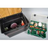 A coarse fishing tackle box and contents, Mitchell 300a reel, floats and terminal tackle