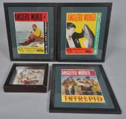 Three framed 1960's Fishing magazine covers and a framed set of lures