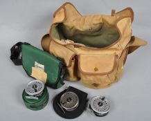 A 'Brady of Hasledsowen' shoulder bag with trout fly reels, flies and related tackle