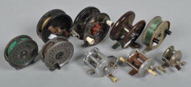 A group of fishing reels